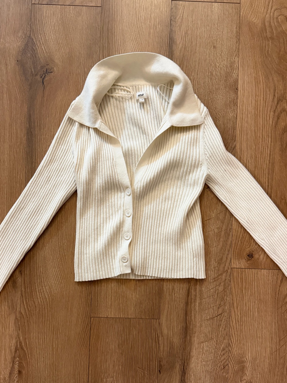 aerie Cream Ribbed Button-Front V-Neck Cardigan